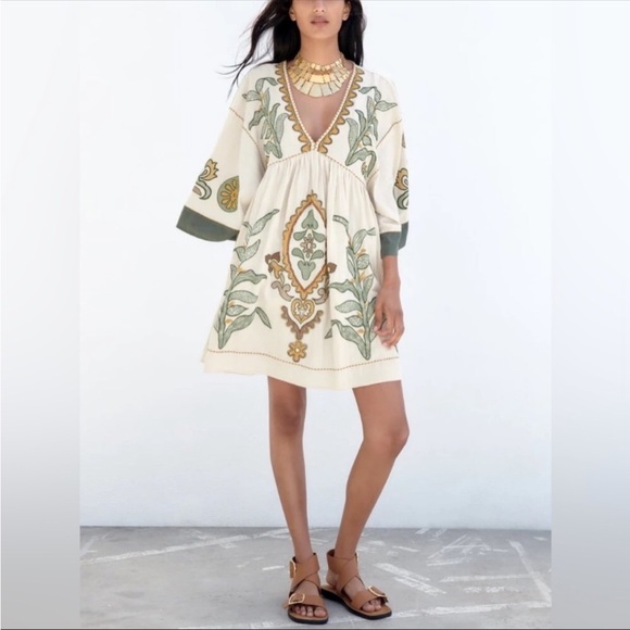 #20 NEW ! CLOSEOUT FIRM 🌸Embroidered Cotton Linen blend Mini Dress in Cream Sage - Picture 8 of 9